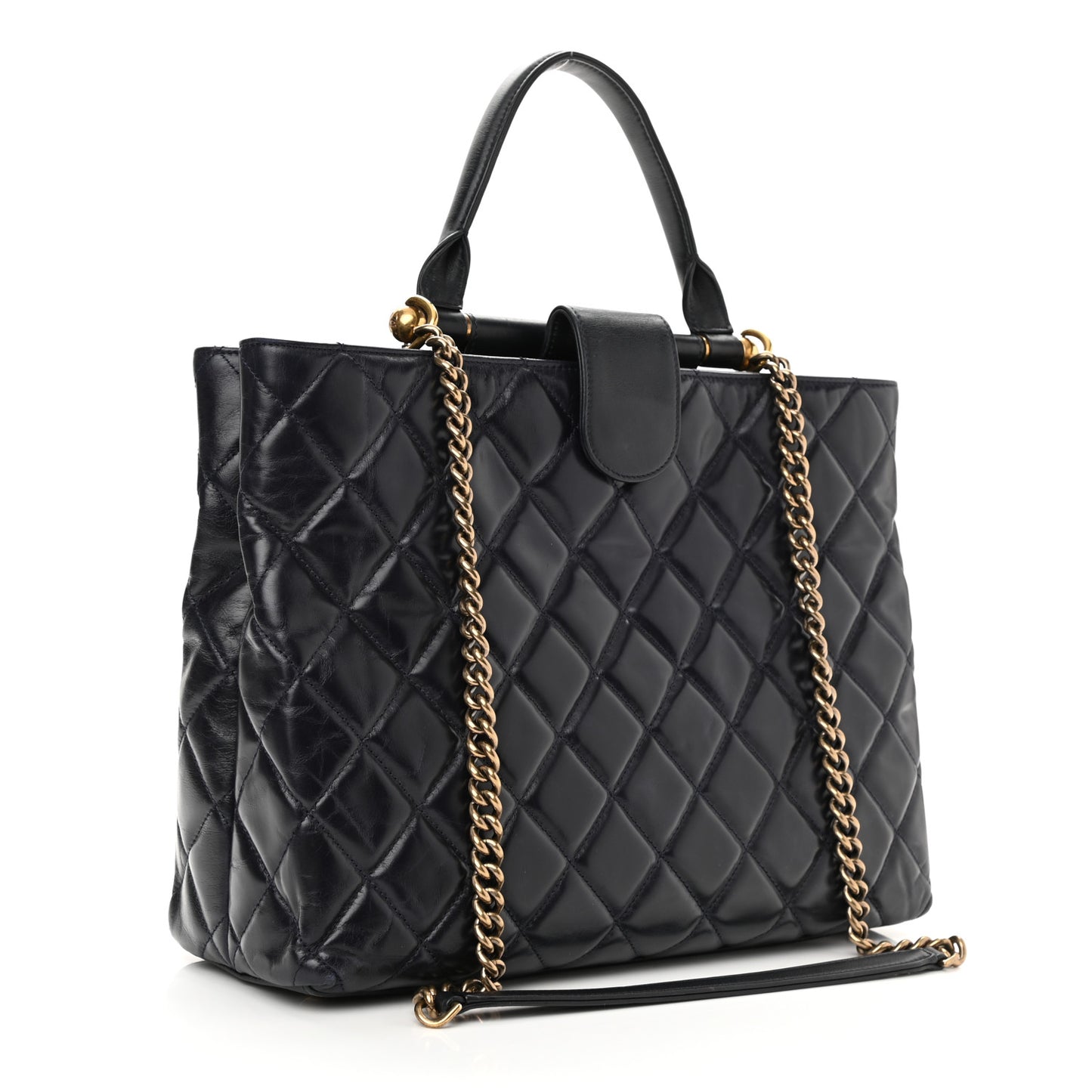Calfskin Quilted Large Gold Bar Top Handle Tote Dark Navy Blue