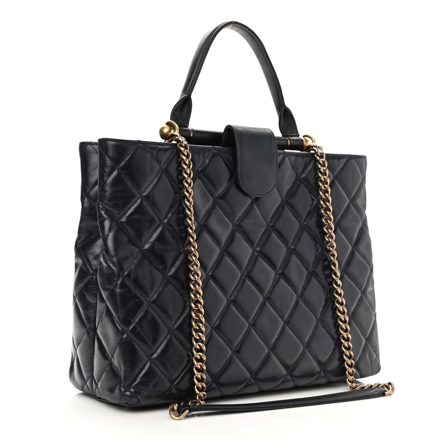 Chanel Calfskin Quilted Large Gold Bar Top Handle Tote Dark Navy Blue 3 of 11