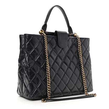 Chanel Calfskin Quilted Large Gold Bar Top Handle Tote Dark Navy Blue 3 of 11