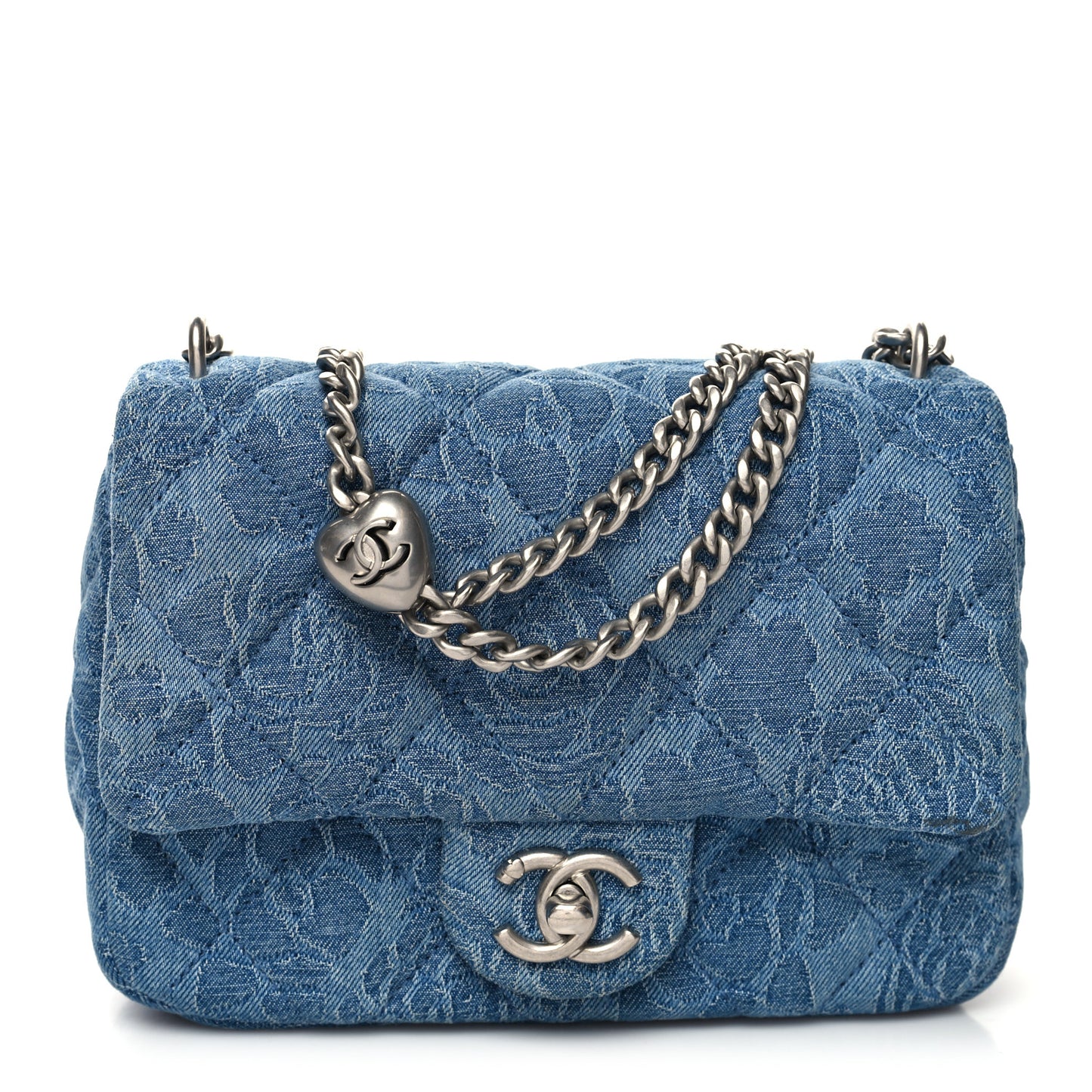 Denim Quilted Camellia Sweetheart Mini Flap Blue