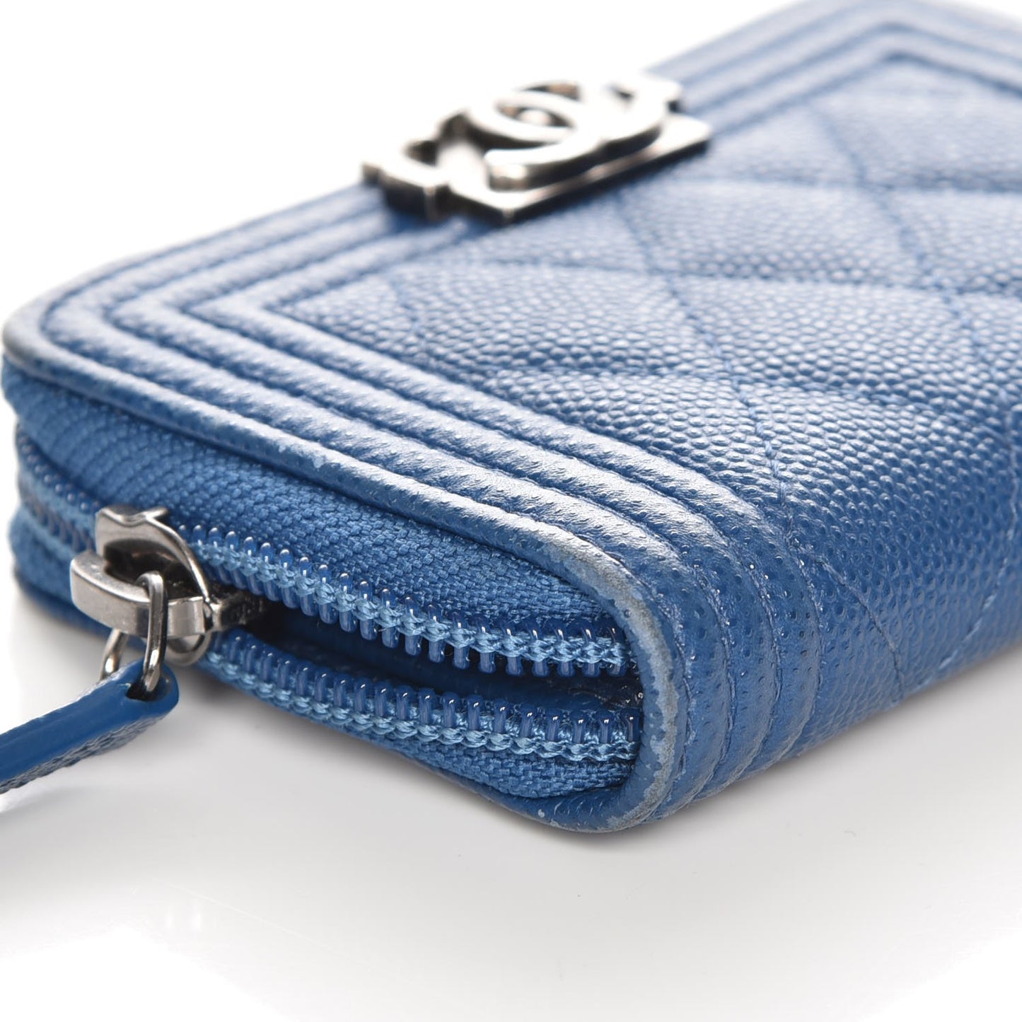 Caviar Quilted Boy Zip Around Coin Purse Wallet Blue