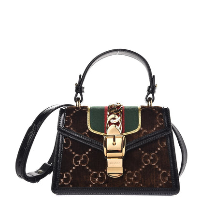 Gucci Velvet GG Monogram Web Mini Sylvie Top Handle Bag Brown Black Oro Vecchio 1 of 8