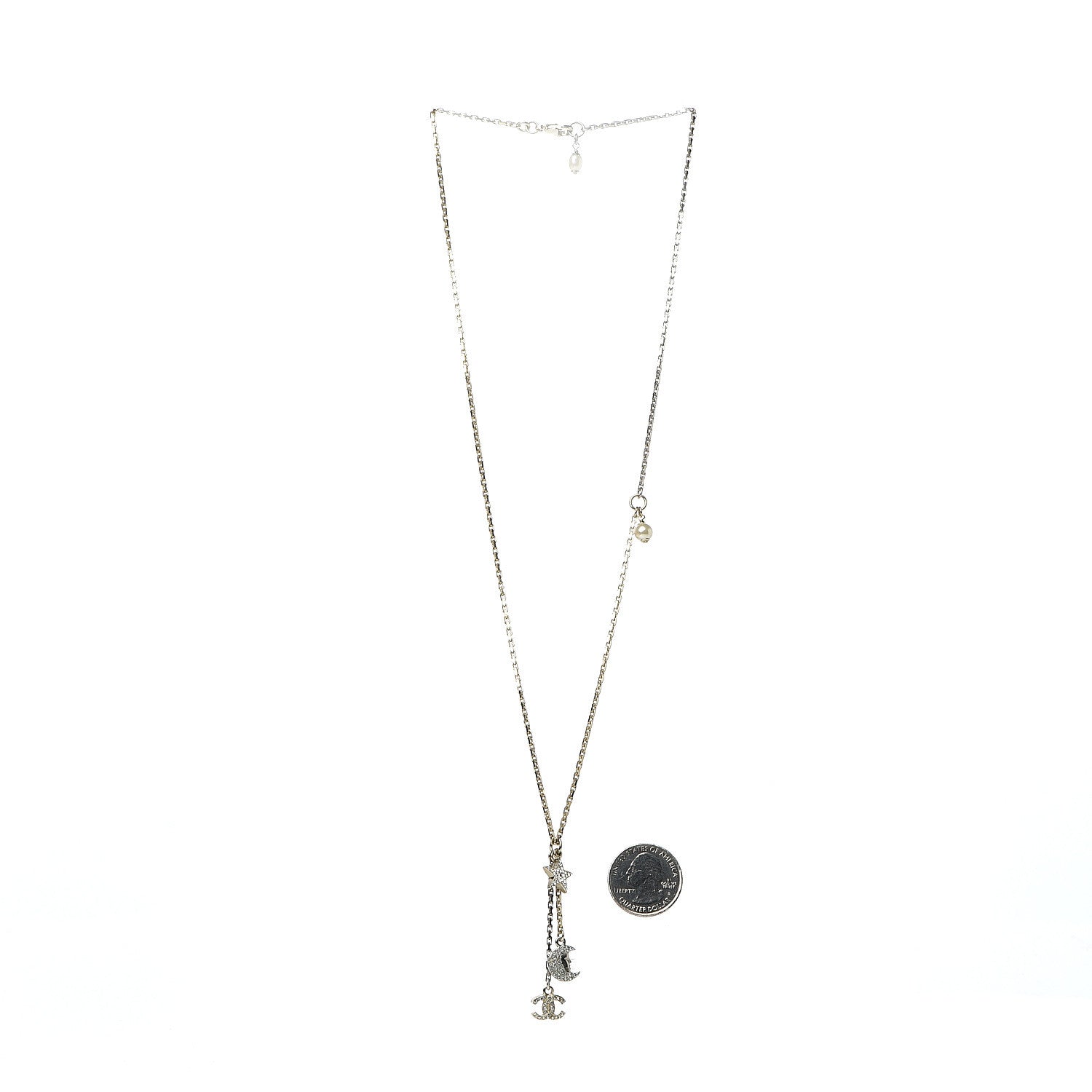 Chanel Crystal Pearl CC Moon Star Drop Necklace Gold 3 of 6