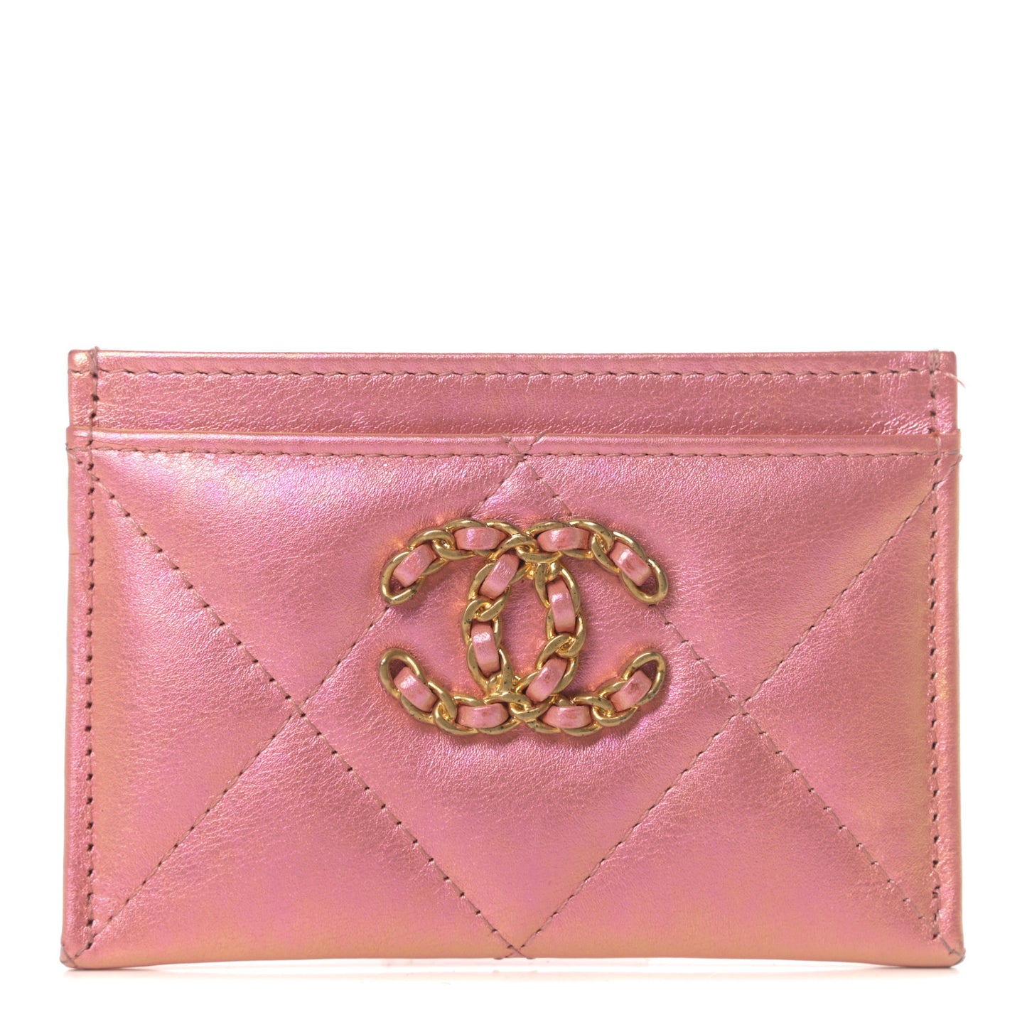 Iridescent Calfskin Quilted Chanel 19 Card Holder Pink