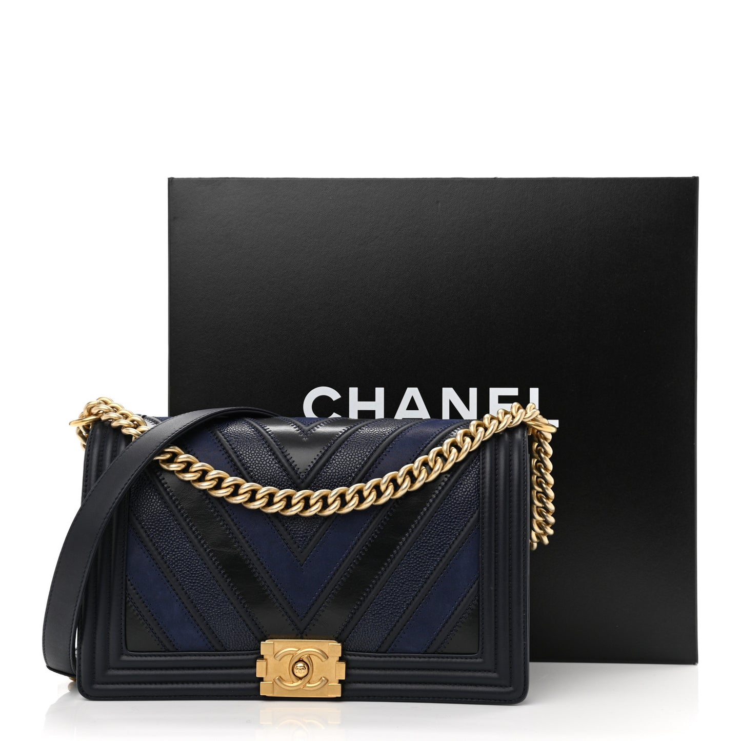 Caviar Suede Calfskin Chevron New Medium Boy Flap Navy