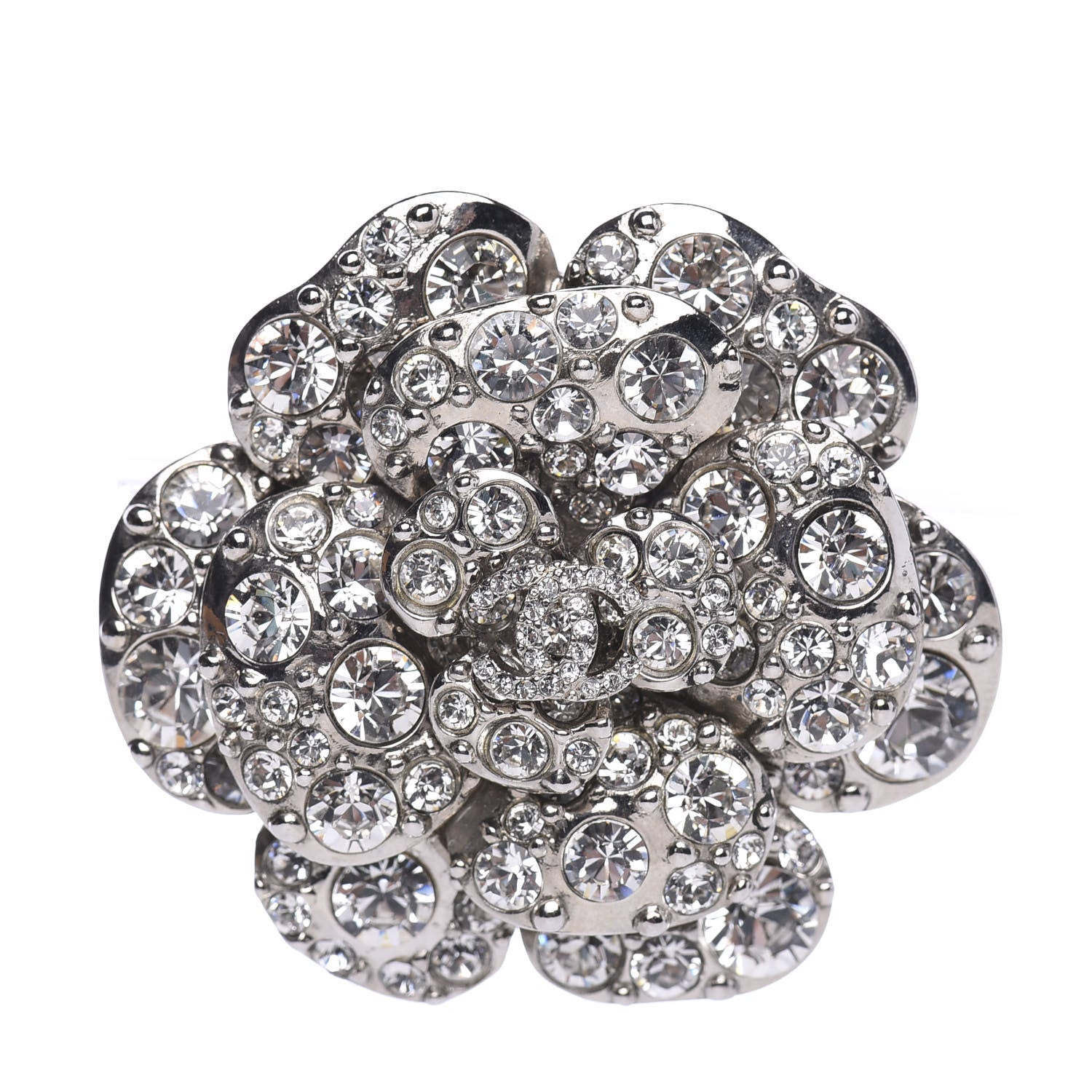 Chanel Swarovski Crystal Camellia CC Brooch Silver 1 of 3