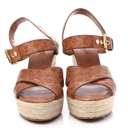 Louis Vuitton Calfskin Monogram Embossed Espadrille Wedge Sandals 41 Cognac 5 of 10