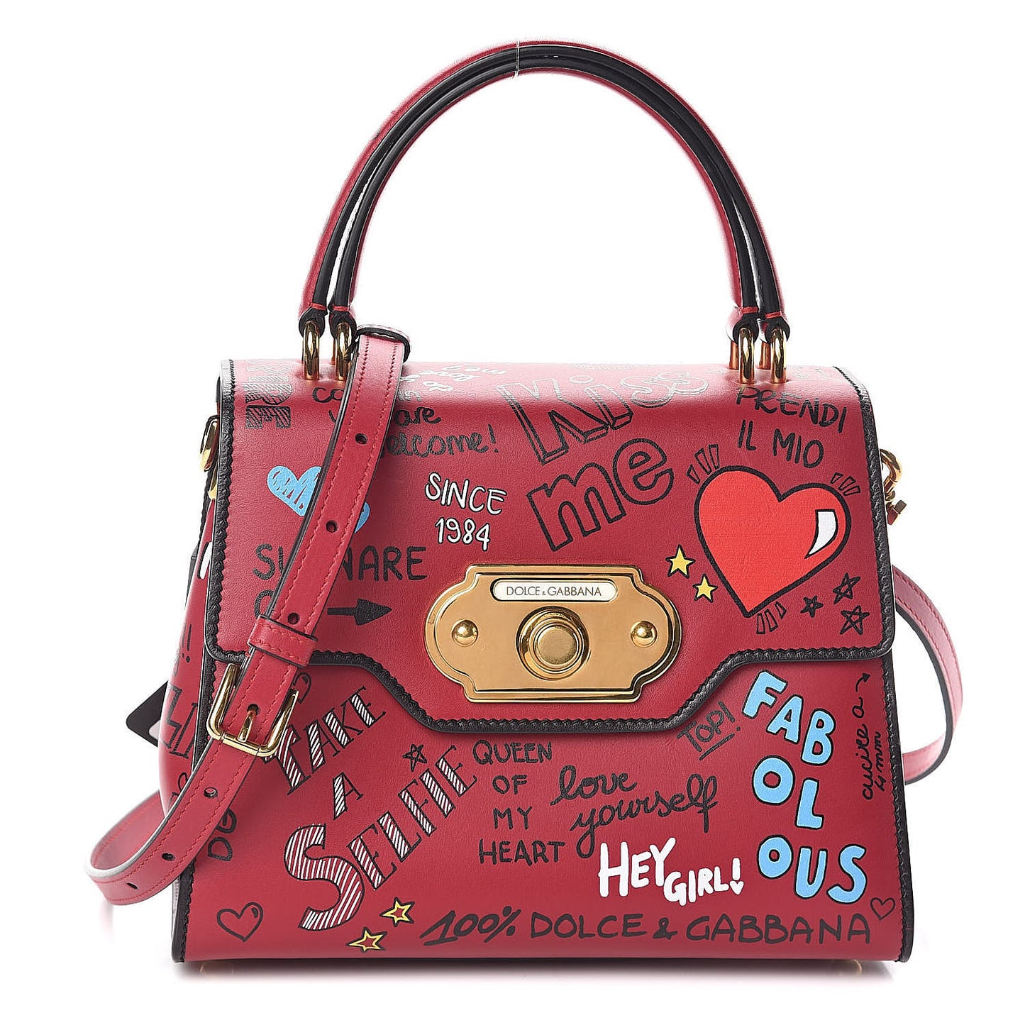 Calfskin Graffiti Printed Welcome Satchel Rosso Multicolor