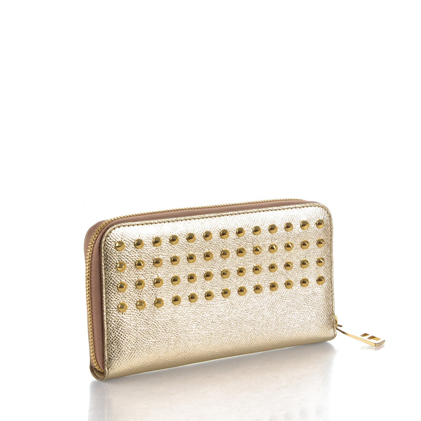 Metallic Patent Studded Zip Around Wallet Gold