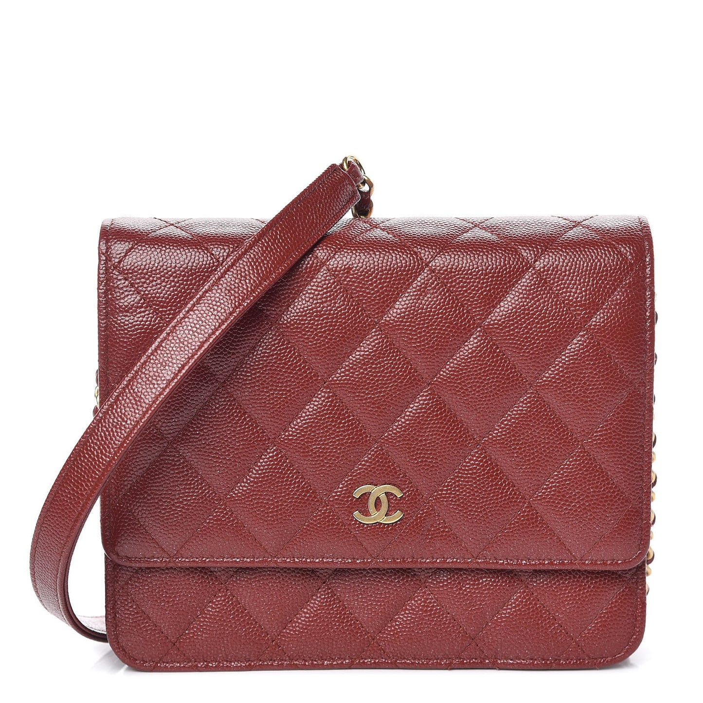 Iridescent Caviar Quilted Square Wallet On Chain WOC Burgundy