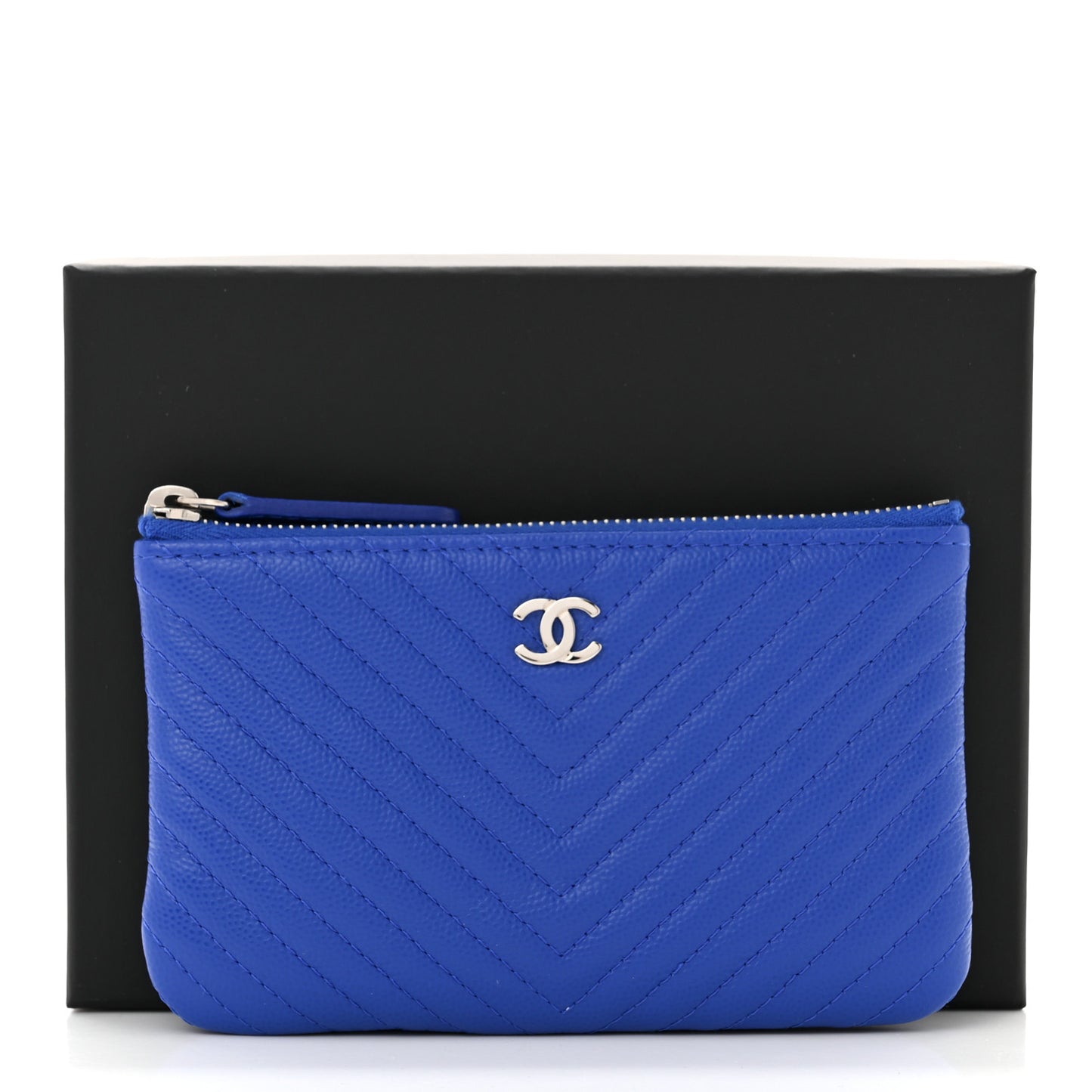 Caviar Chevron Quilted Small Cosmetic Case Blue