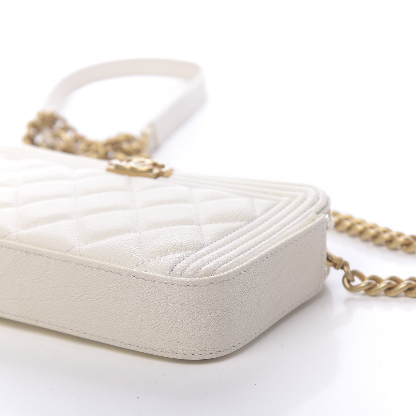 Caviar Quilted Small Boy Clutch With Chain White