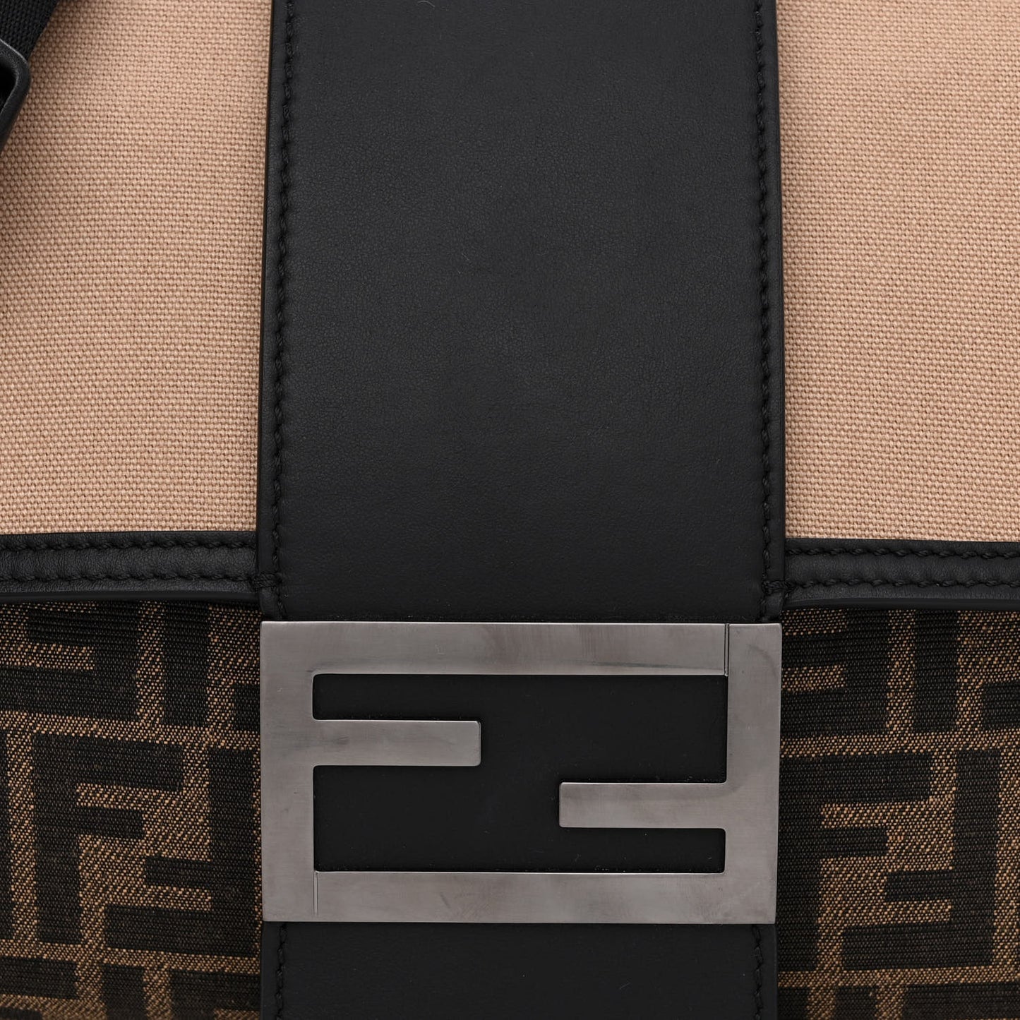 Recycled Fabric Jacquard Cotton Canvas Vitello Grace FF 1974 Large Convertible Baguette Tobacco Moro Black Beige
