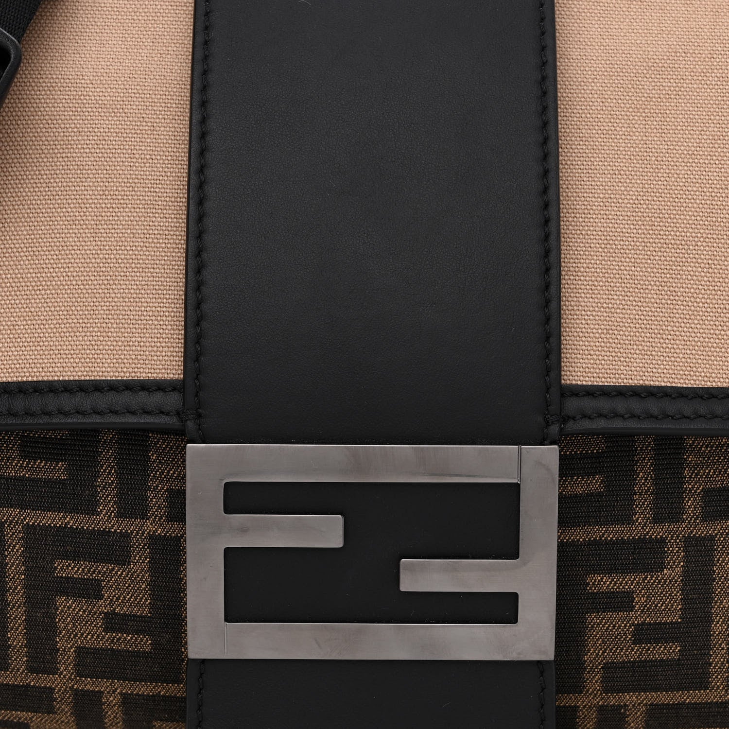 Fendi Recycled Fabric Jacquard Cotton Canvas Vitello Grace FF 1974 Large Convertible Baguette Tobacco Moro Black Beige 8 of 11