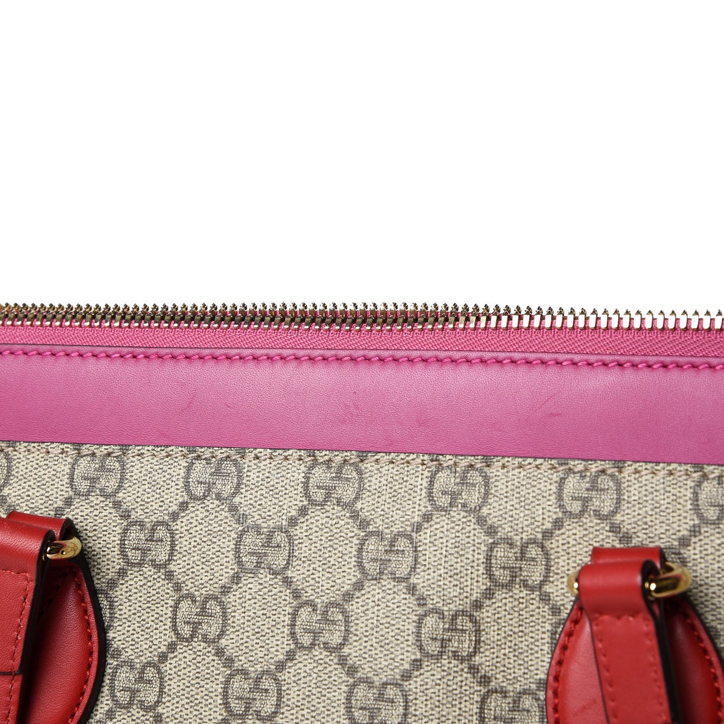 GG Supreme Monogram Medium Zippered Bucket Tote Beige Hibiscus Red New Rosette