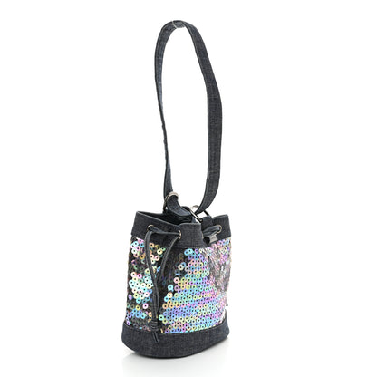 Chanel Sequin Denim Small Drawstring Bucket Bag Blue 3 of 17
