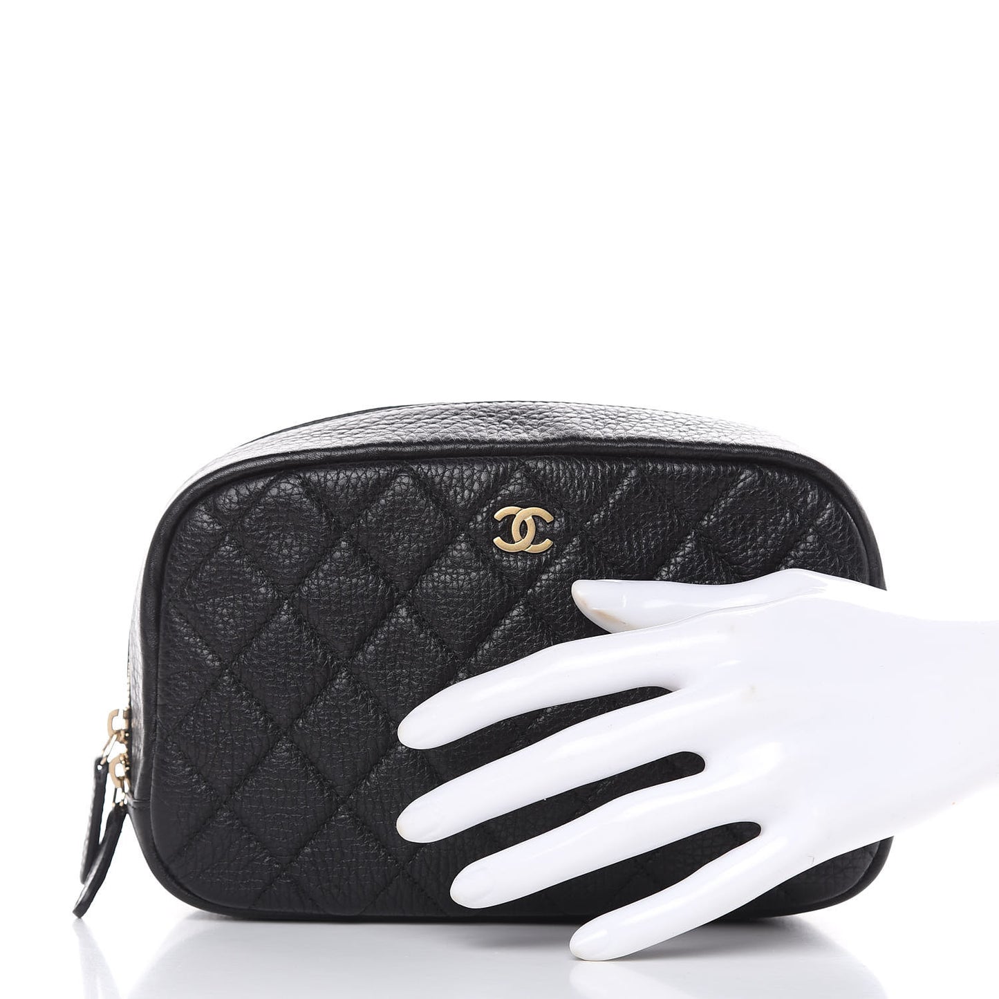 Grained Calfskin Quilted Medium Curvy Pouch Cosmetic Case Black