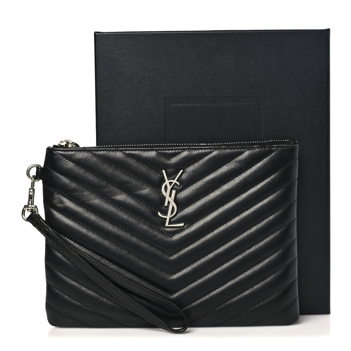 Calfskin Matelasse Chevron Monogram A5 Wristlet Black
