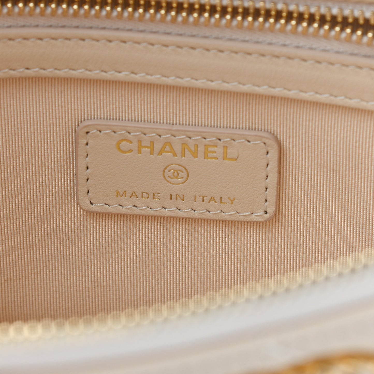 Shiny Goatskin Quilted Chanel 19 Pouch Beige