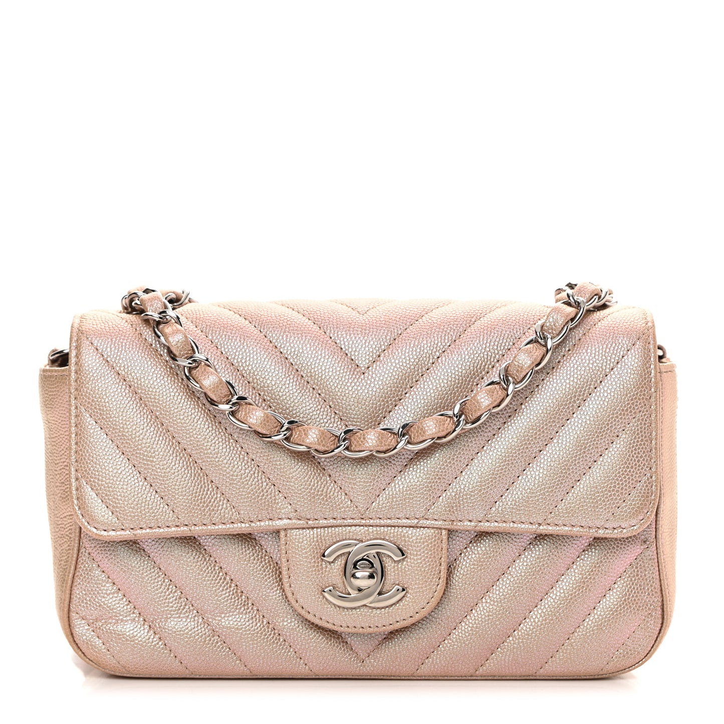 Iridescent Caviar Chevron Quilted Mini Rectangular Flap Light Gold