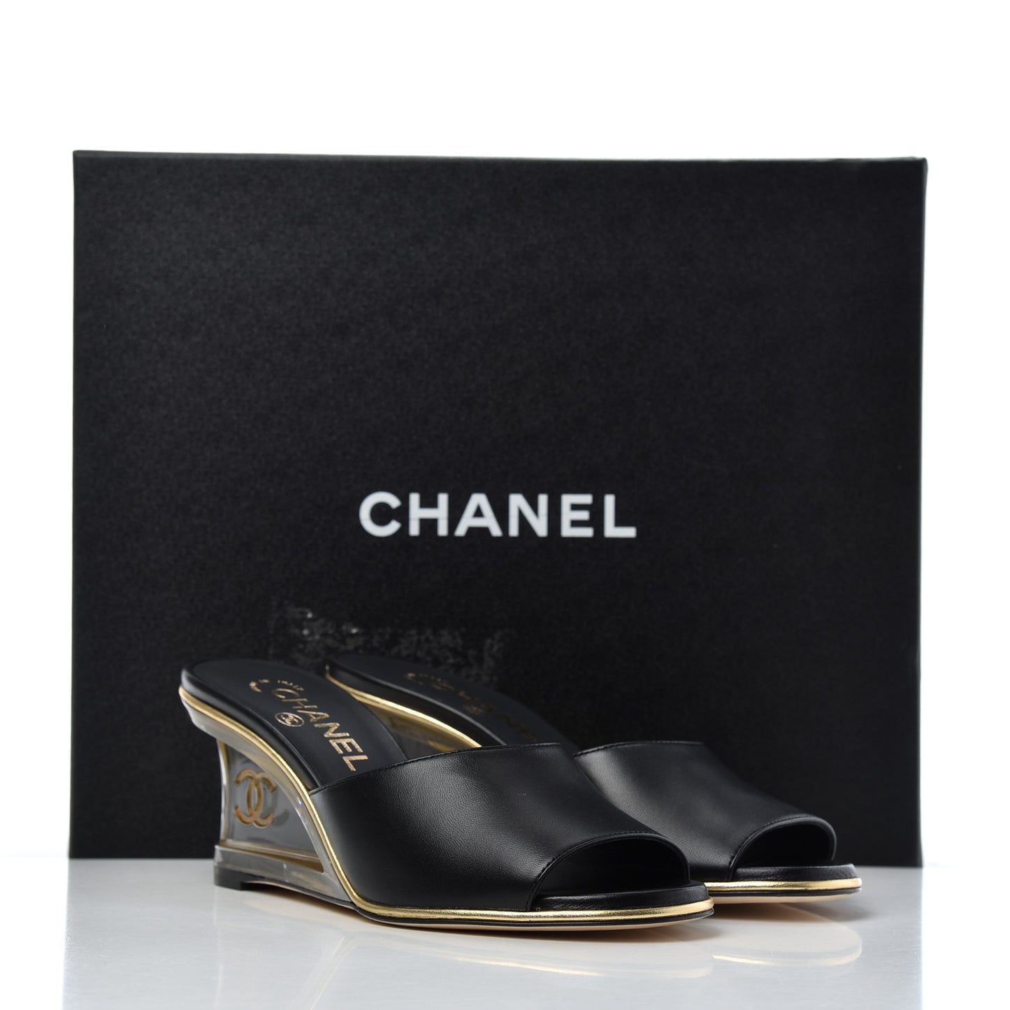 Lambskin Lucite CC Wedge Mules 35.5 Black