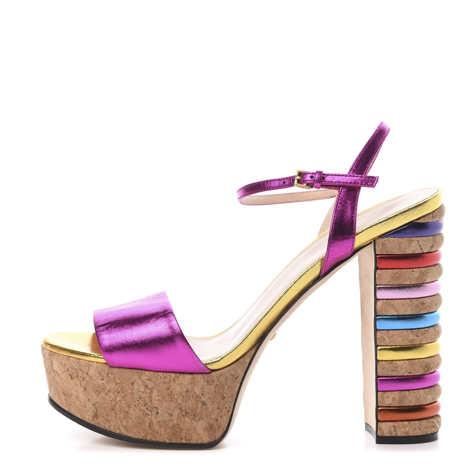 Gucci Metallic Nappa Cork Claudie Platform Sandals 38 Fuchsia Multi 1 of 10