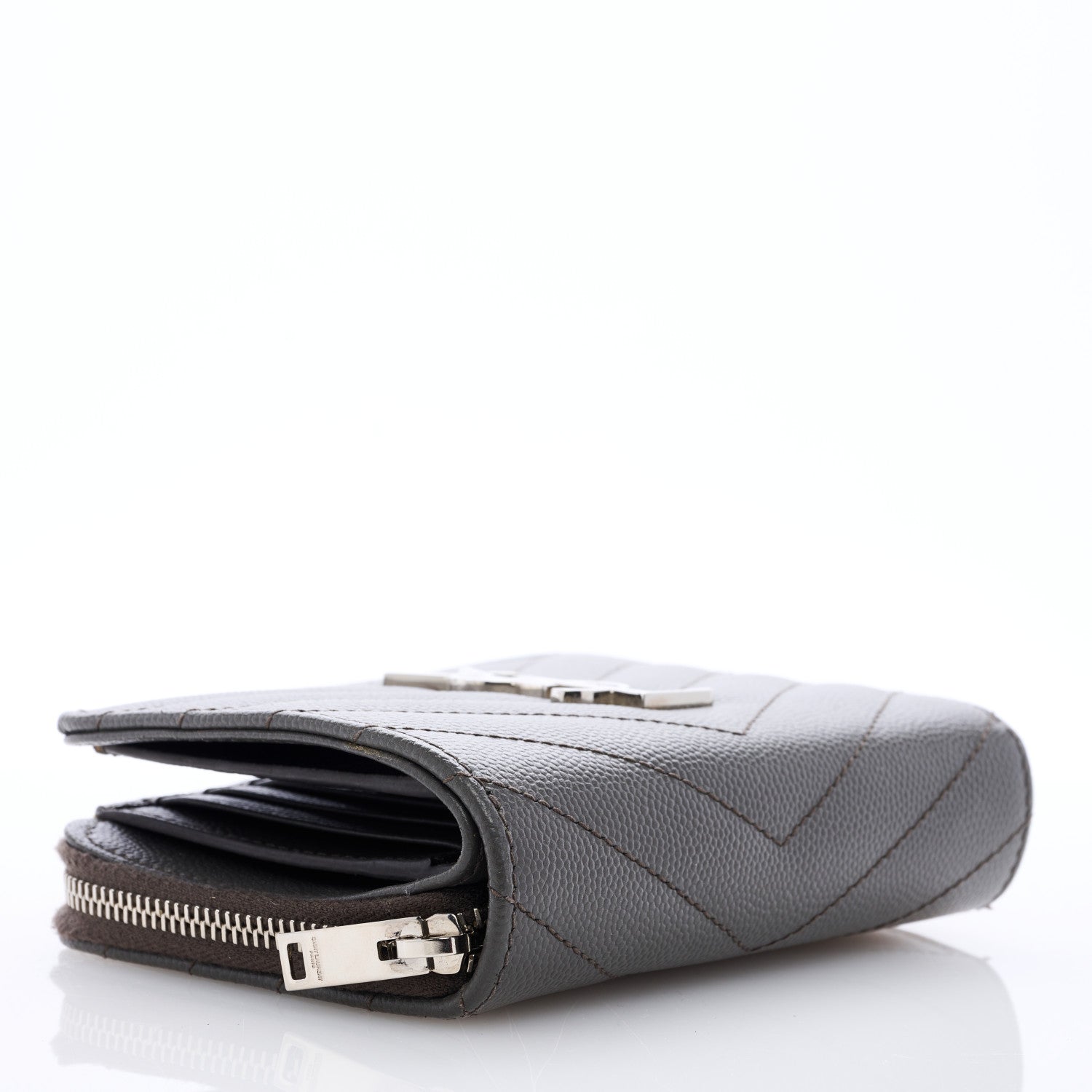 Saint Laurent Grain De Poudre Matelasse Chevron Monogram Compact Zip Around Wallet Fog 4 of 6