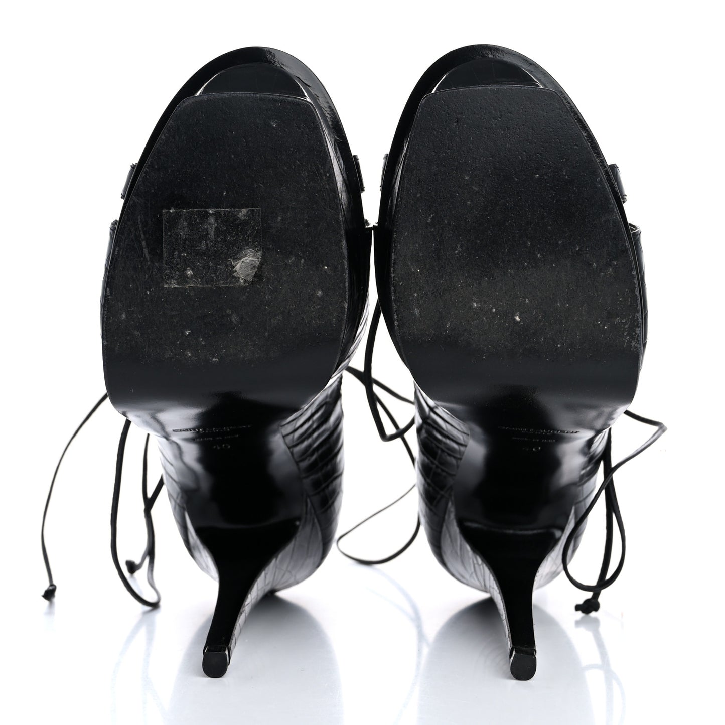 Calfskin Crocodile Embossed Tribute 16 Lace Up Platform Sandals 40 Black