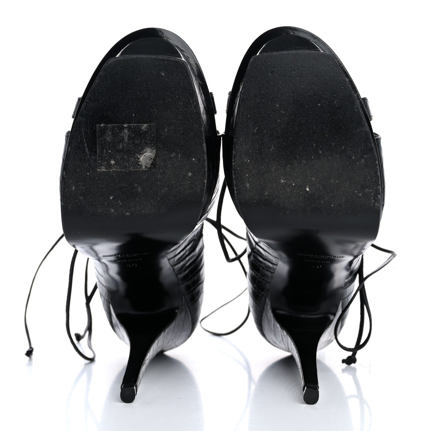 Saint Laurent Calfskin Crocodile Embossed Tribute 16 Lace Up Platform Sandals 40 Black 6 of 10