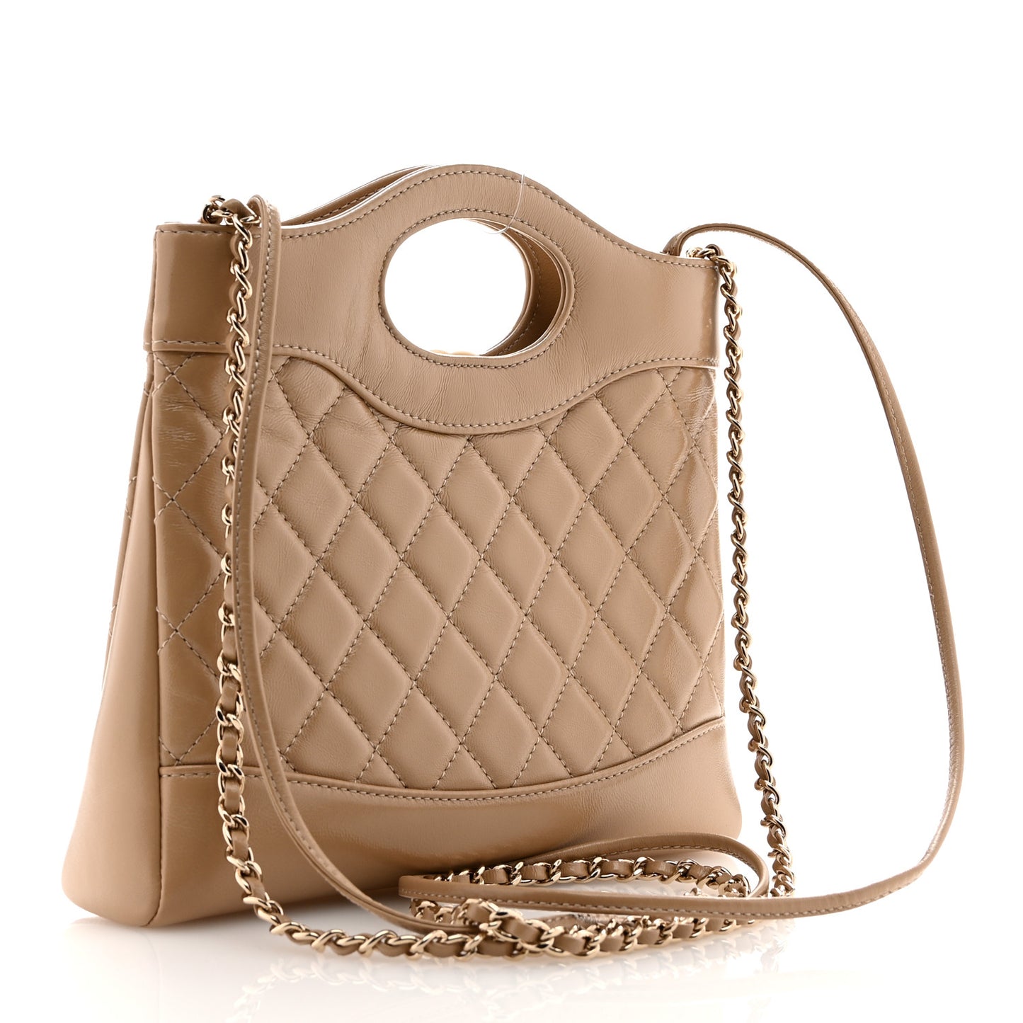 Shiny Crumpled Calfskin Quilted Mini 31 Shopping Bag Dark Beige
