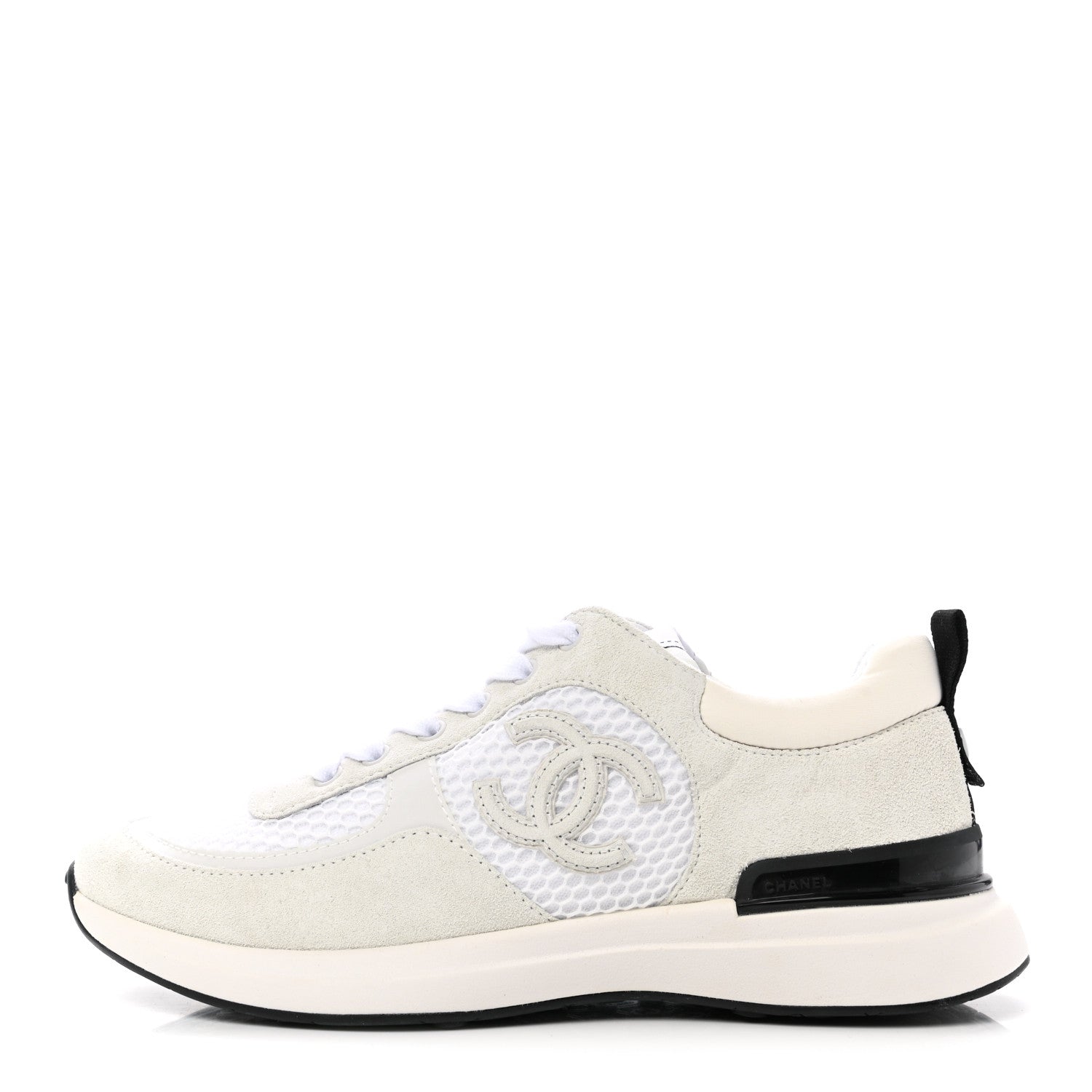 Chanel Calfskin Mesh Lycra Suede Womens Logo Sneakers 37 White 1 of 17