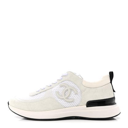 Chanel Calfskin Mesh Lycra Suede Womens Logo Sneakers 37 White 1 of 17