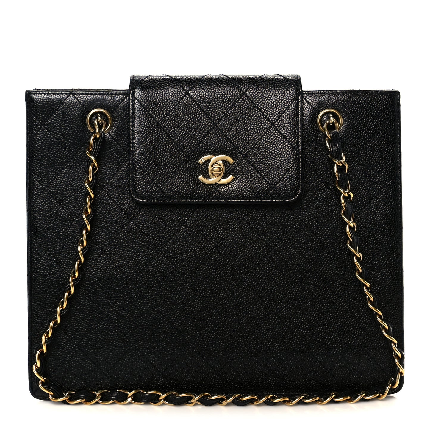 Caviar Quilted Flap Shopping Tote Black