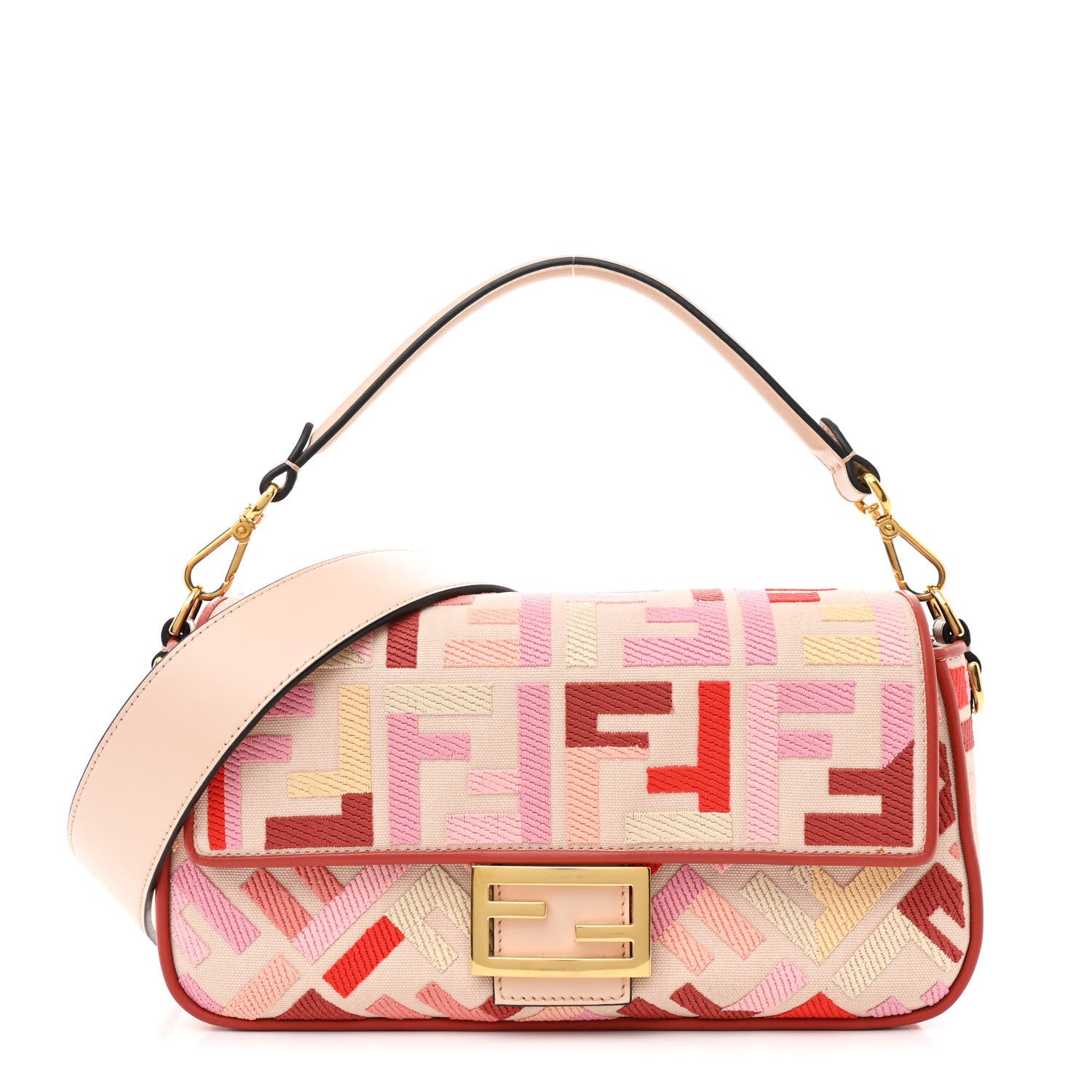 Fendi Canvas Vitello King FF Embroidered Baguette Rosa Quarzo Bloody Mary Multicolor 1 of 10