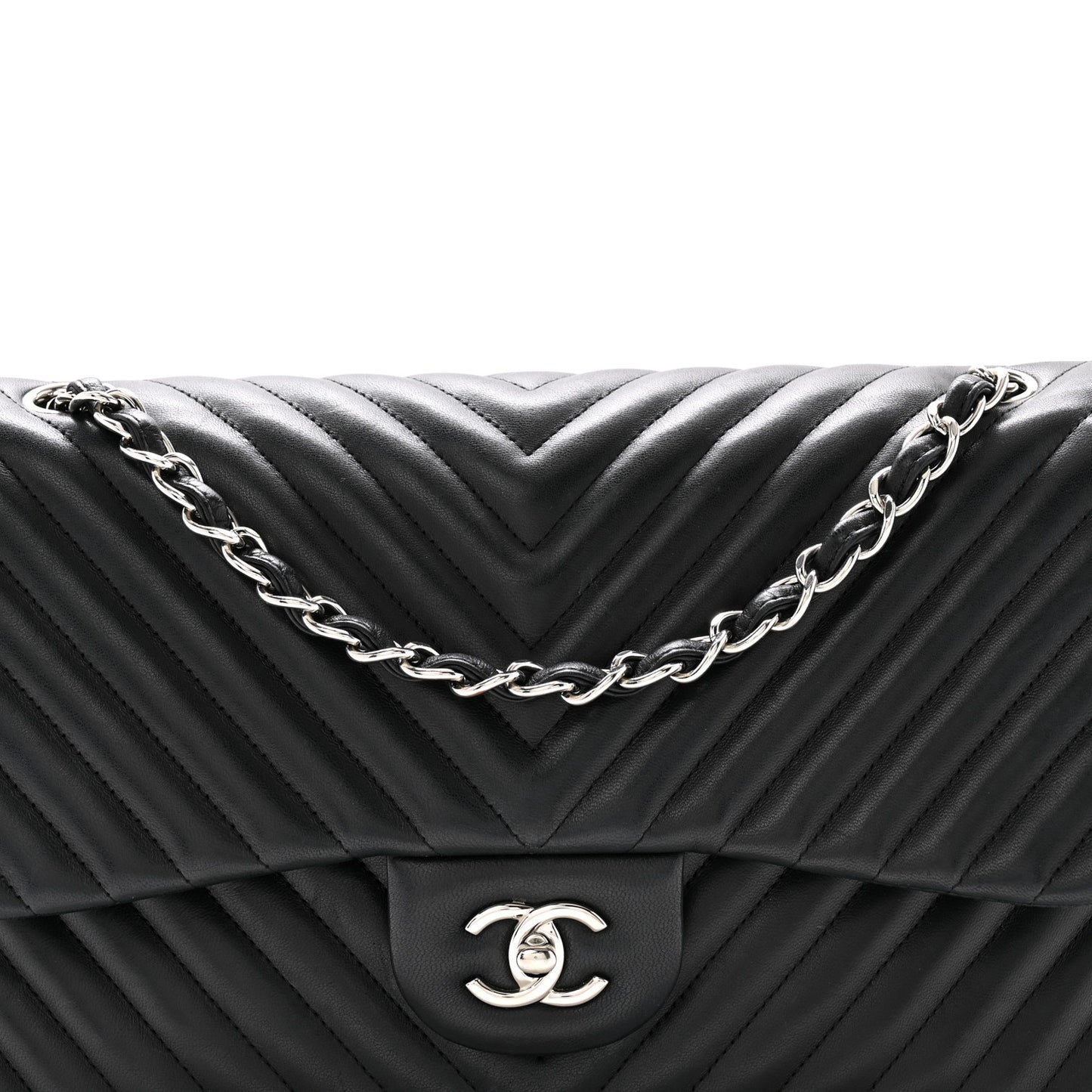 Lambskin Chevron Quilted Jumbo Double Flap Black