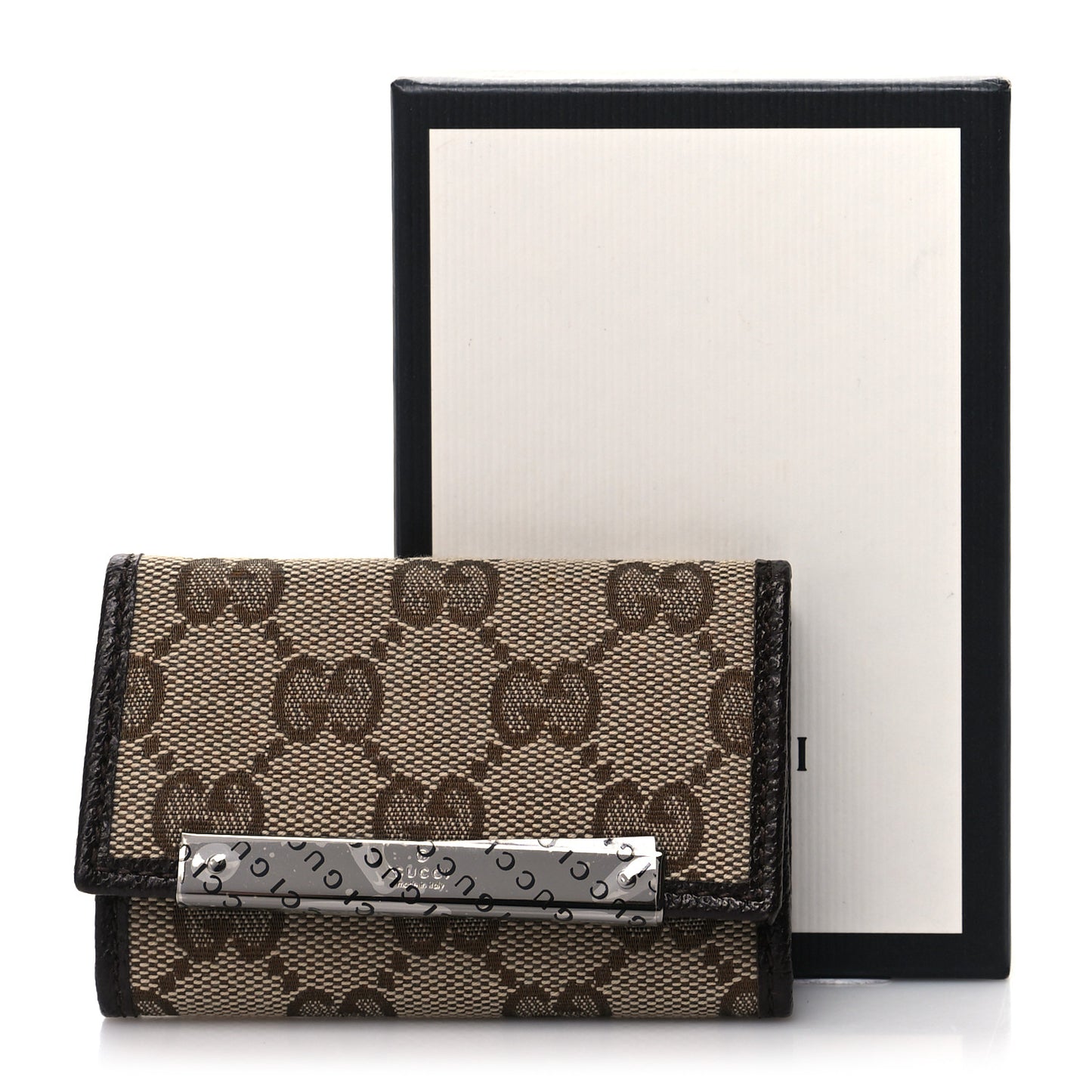 Monogram Textured Calfskin Metal Bar 6 Key Holder Case Beige Ebony Cocoa