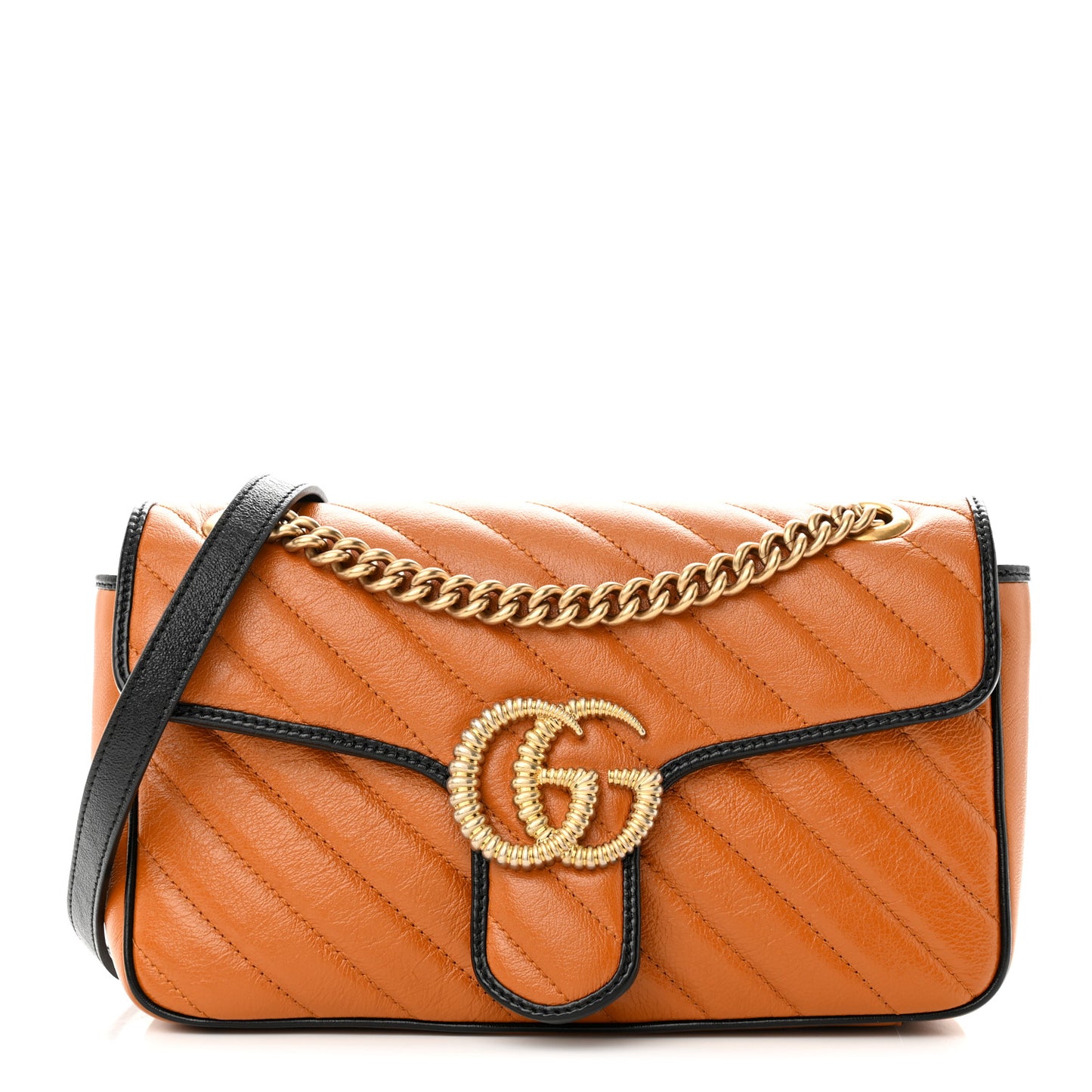 Vintage Effect Calfskin Matelasse Diagonal Small Torchon GG Marmont Shoulder Bag Cognac Black