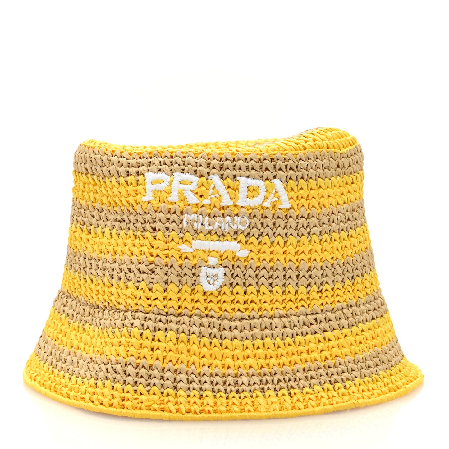 Raffia Striped Logo Embroidered Womens Bucket Hat M Naturale Giallo