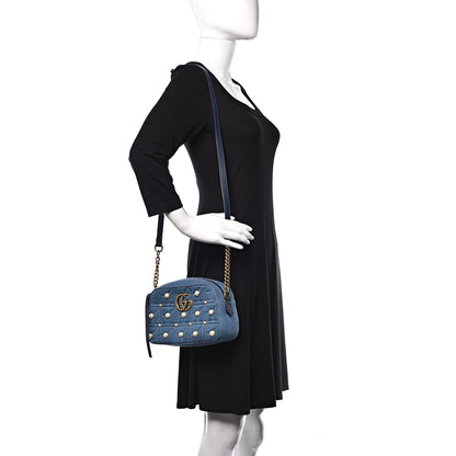 Gucci Denim Matelasse Pearl Studded Small GG Marmont Chain Shoulder Bag Blue 2 of 12