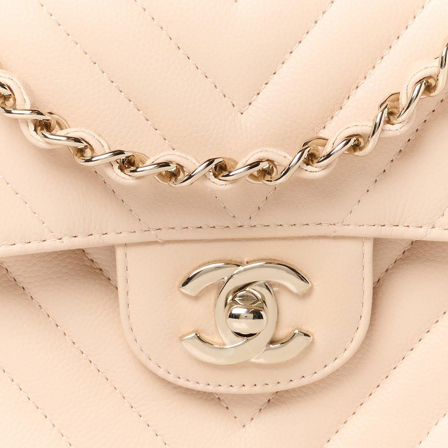 Caviar Chevron Quilted Small Double Flap Beige