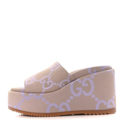 Gucci Monogram Jumbo GG Platform Slide Wedge Sandals 40 Beige Lapis 1 of 11