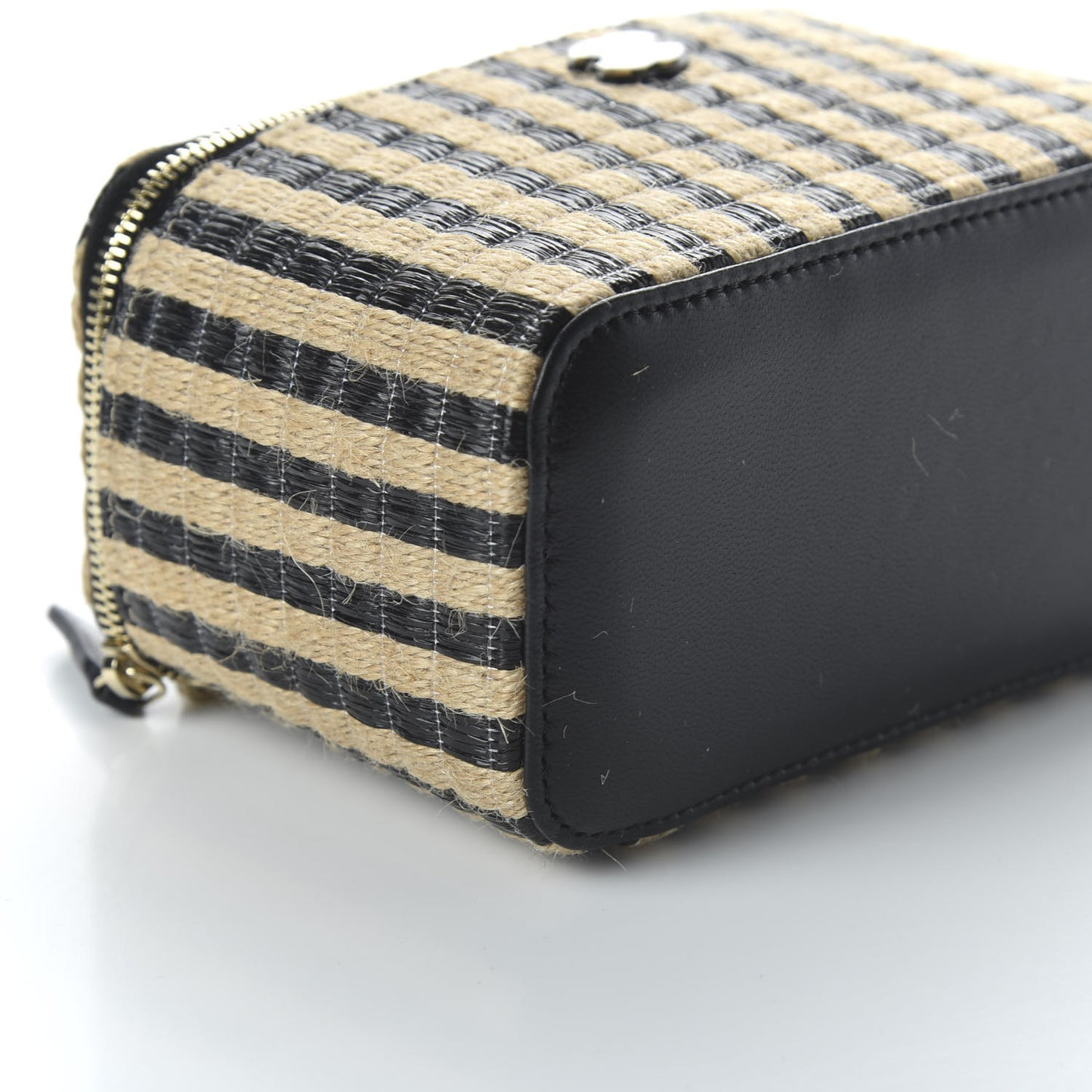Raffia Jute Striped Small Vanity Case With Chain Black Beige
