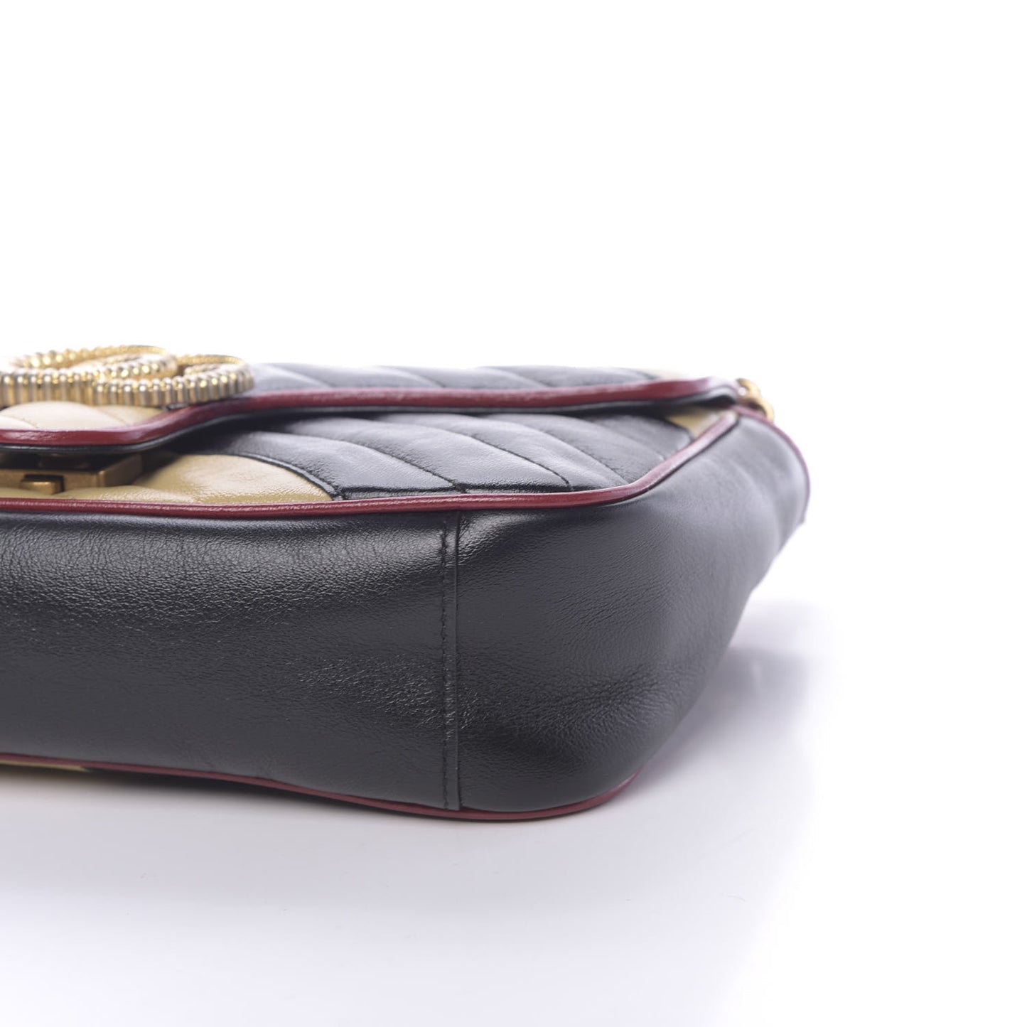 Vintage Effect Calfskin Matelasse Diagonal Striped Small Torchon GG Marmont Shoulder Bag Black Beige