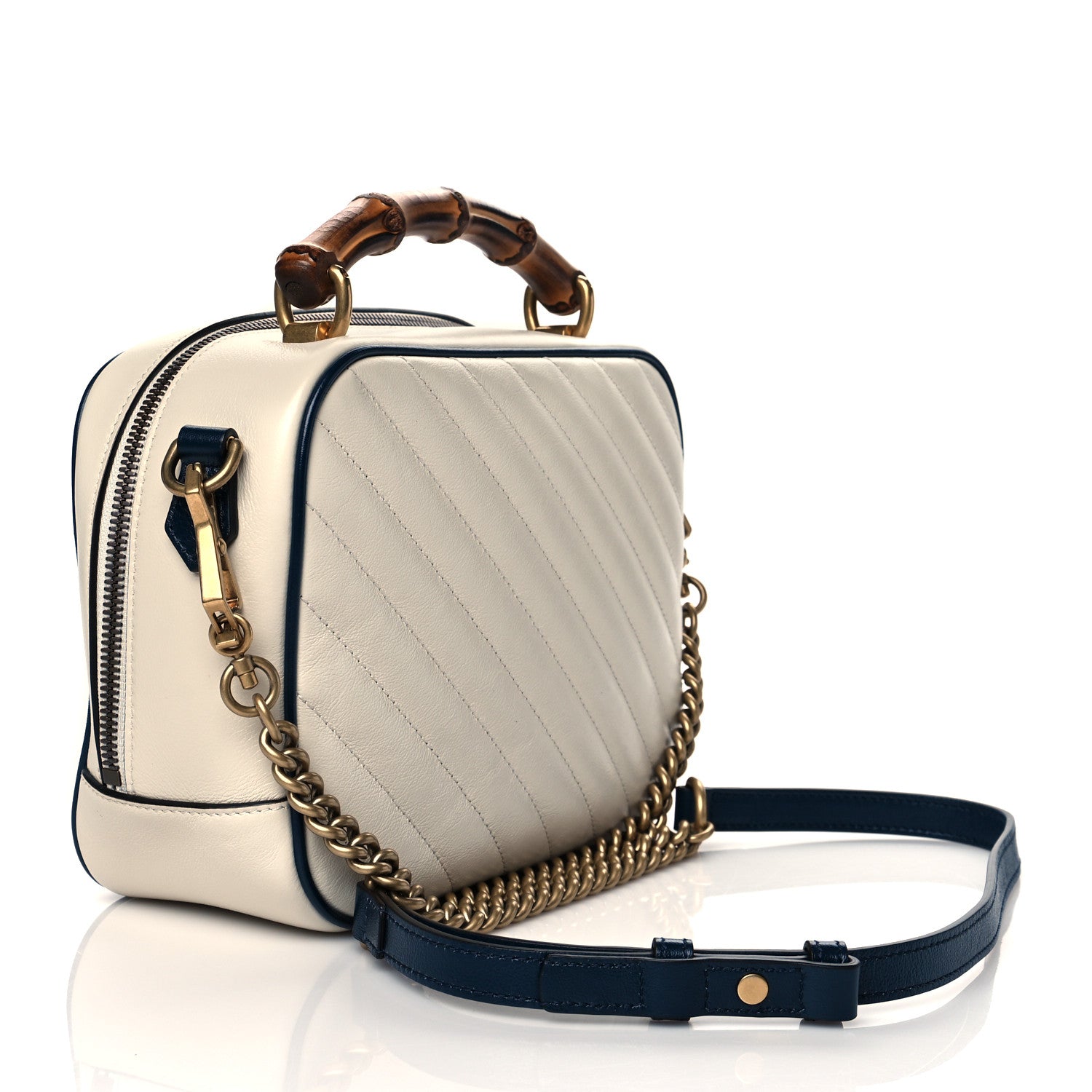 Gucci Vintage Effect Calfskin Matelasse Diagonal Small Torchon GG Marmont Bamboo Top Handle Shoulder Bag Mystic White Blue Agata 3 of 11