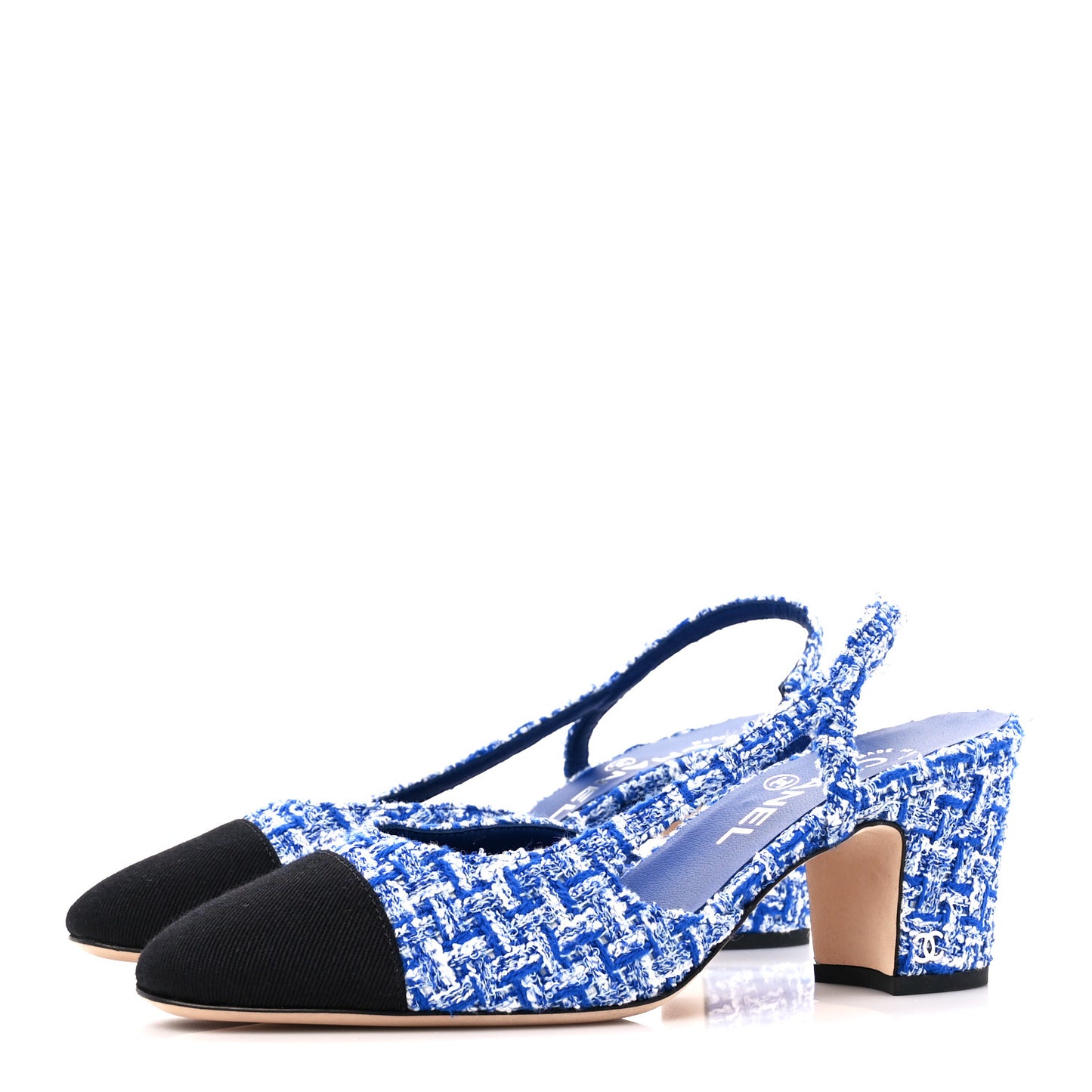 Tweed Grosgrain Cap Toe CC Slingback Pumps 37.5 Blue