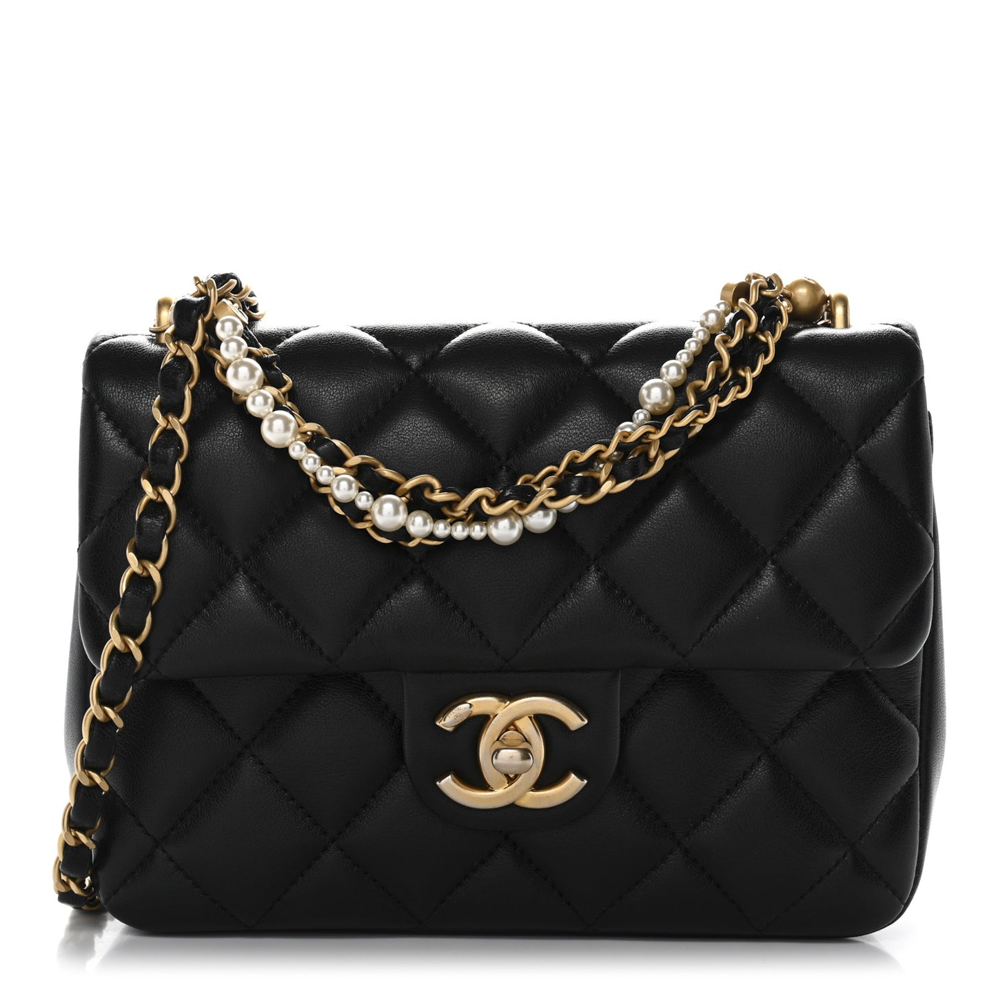Shiny Lambskin Quilted Pearl Twist Mini Square Flap Black