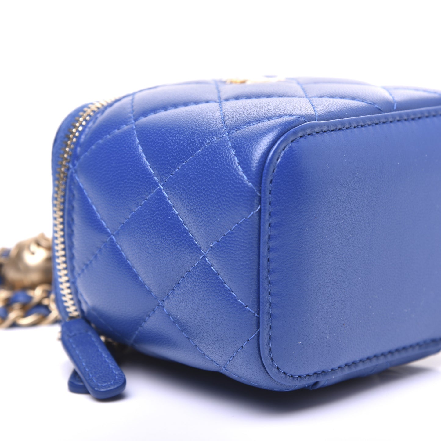 Lambskin Quilted Pearl Crush Mini Vanity Case With Chain Blue