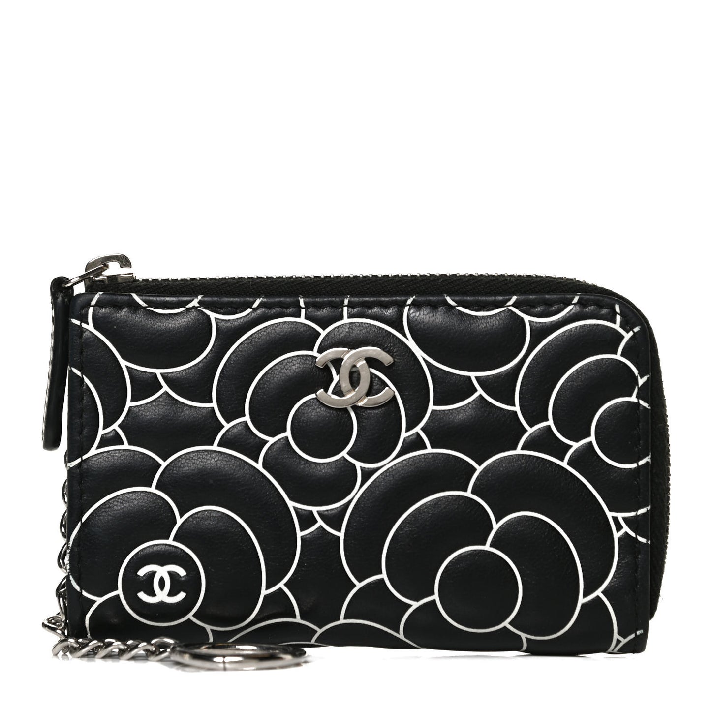 Lambskin Camellia Embossed Key Holder Case Black White