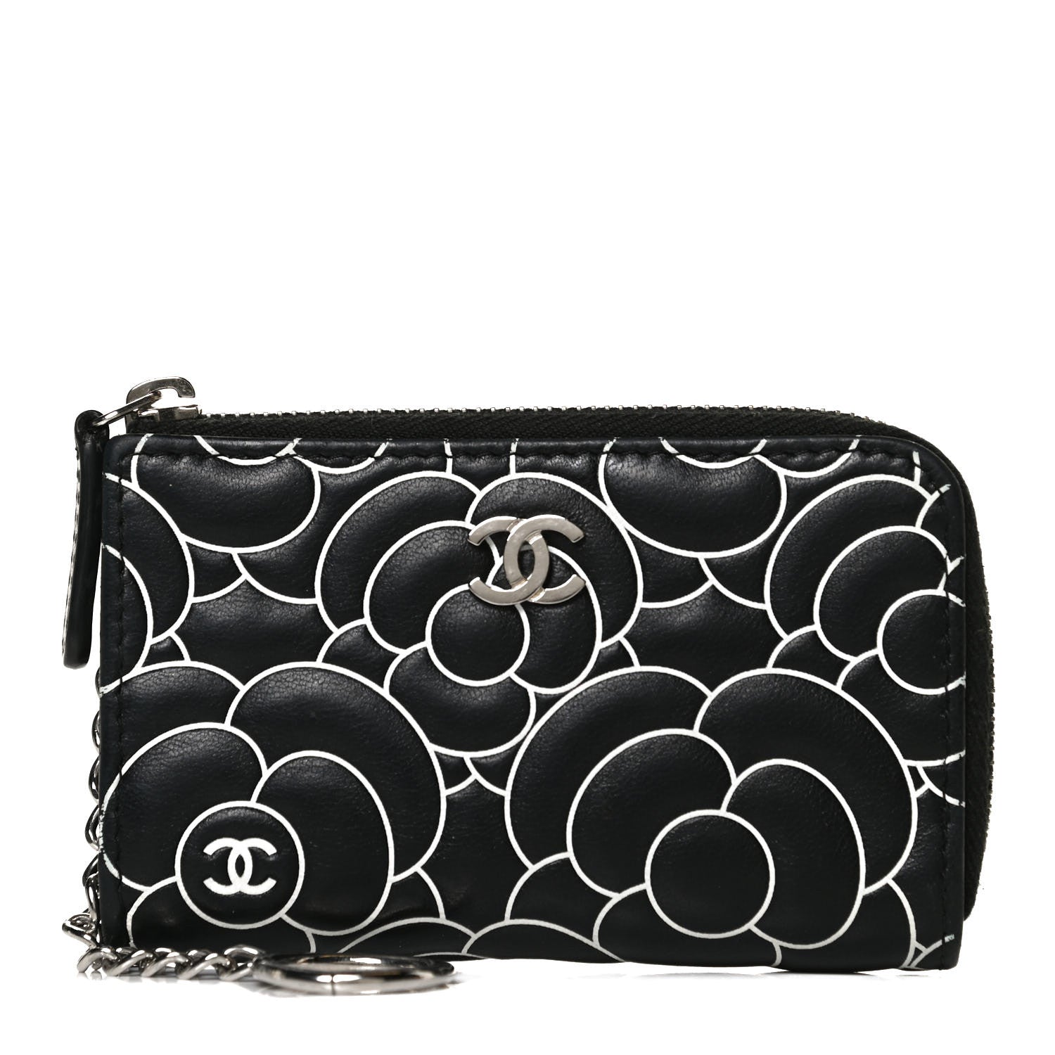 Chanel Lambskin Camellia Embossed Key Holder Case Black White 1 of 8