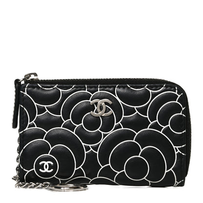 Chanel Lambskin Camellia Embossed Key Holder Case Black White 1 of 8